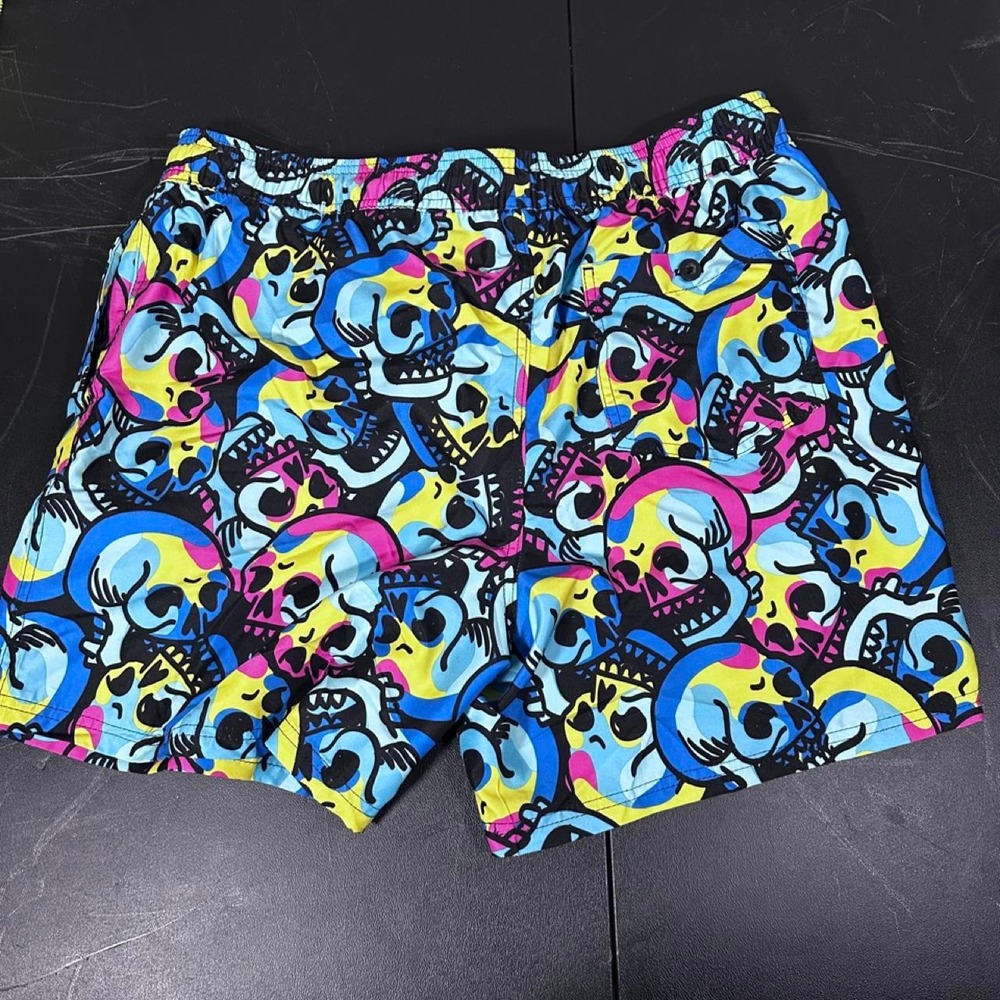 No Boundaries Mens Neon Skull Print Swim Trunks Blue Pink Yellow Large 36-38